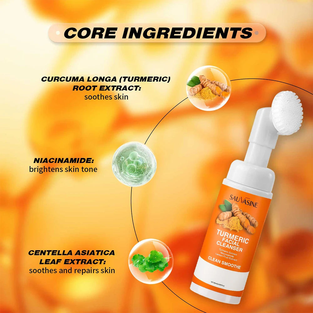 Turmeric face wash being applied with the built-in cleansing brush