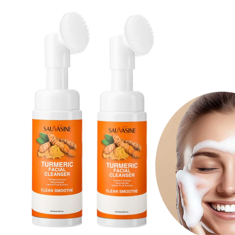 Turmeric brightening face wash bottle with built-in cleansing brush