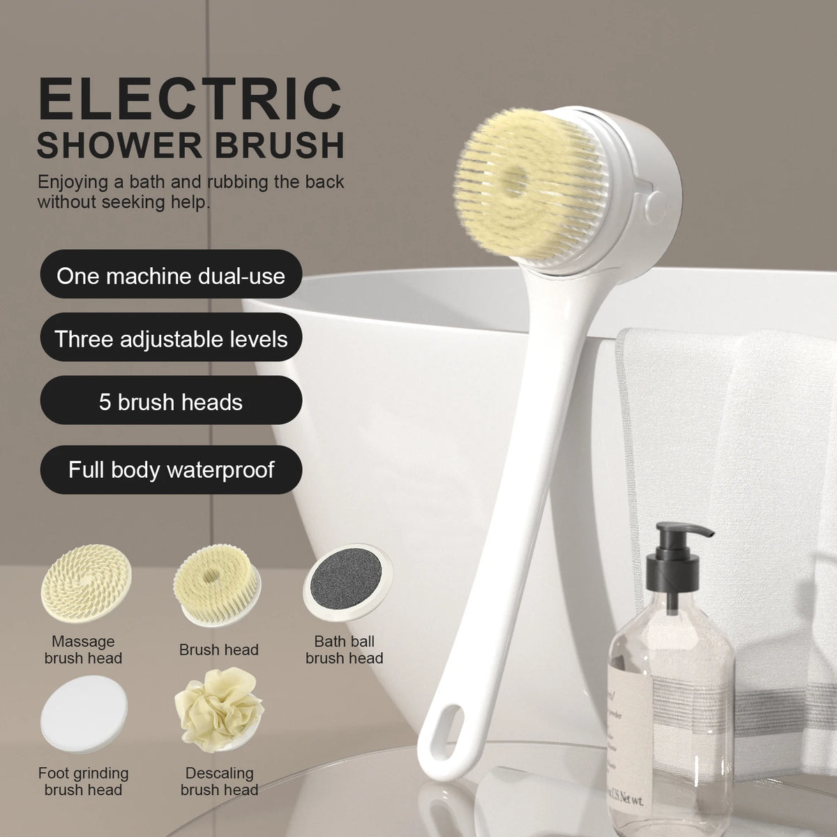Rechargeable electric bath brush (green) with 5 interchangeable heads — massage, brush, foot-grinding and bath ball Main image