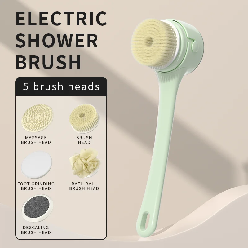 White electric bath brush with all 5 brush head attachments displayed beside shower accessories