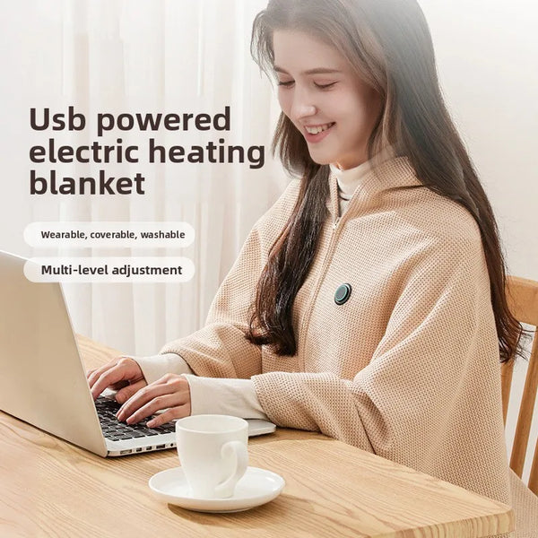 USB electric heated shawl blanket worn over the shoulders