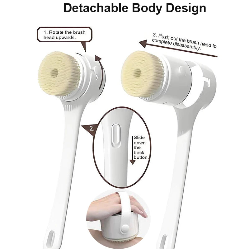 Electric bath brush shown fully waterproof and ready for shower or bath use
