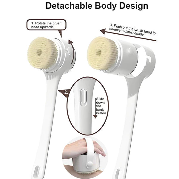 Electric bath brush shown fully waterproof and ready for shower or bath use
