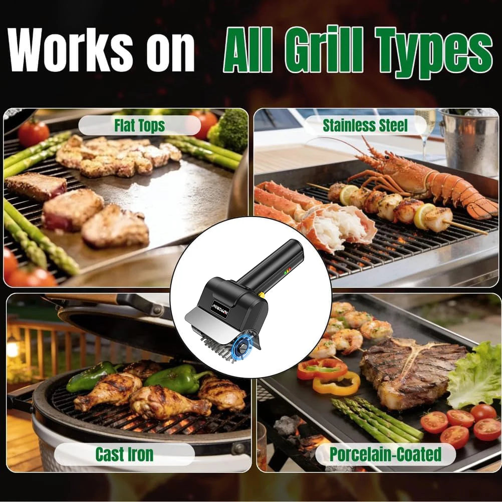 Electric grill brush stainless steel bristle head close-up