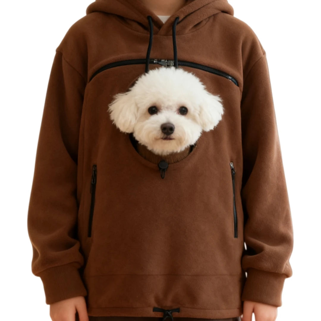 Pet carrier hoodie back view showing the pullover hood and fit