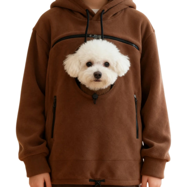 Pet carrier hoodie back view showing the pullover hood and fit