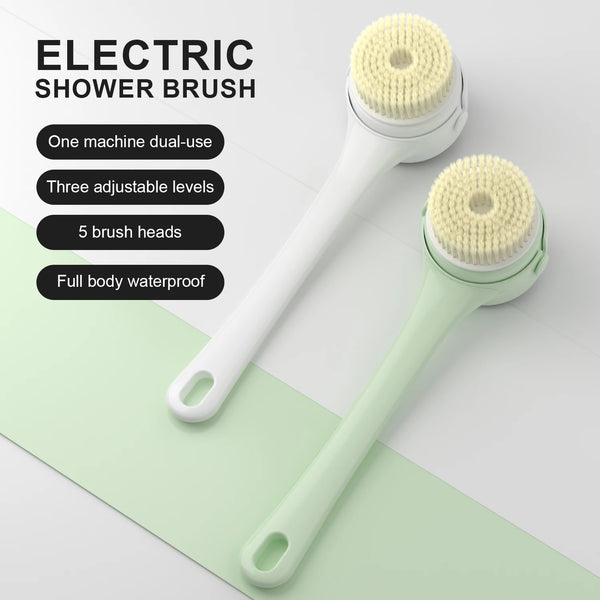 Electric bath brush with all 5 brush head attachments displayed beside shower accessories