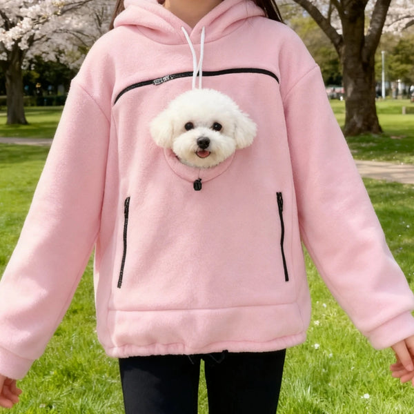 Close-up of the soft bouclé knit fabric on the pet carrier hoodie