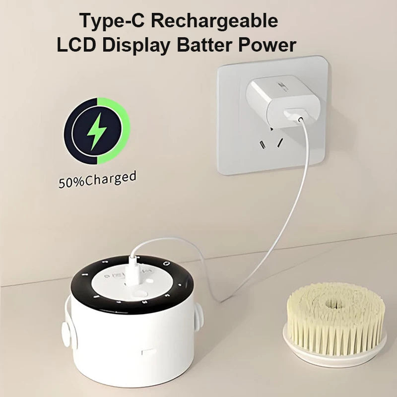 White electric shower brush in use, showing one-machine dual-use design and 3 adjustable speed levels