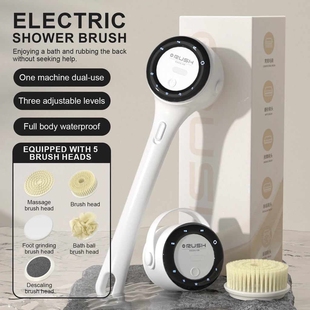 Electric shower brush in use, showing one-machine dual-use design, 3 adjustable speed levels and full-body waterproof build