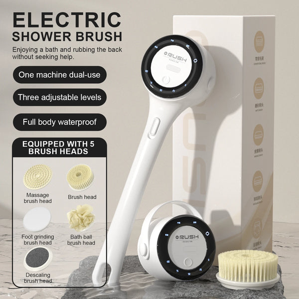 Electric shower brush in use, showing one-machine dual-use design, 3 adjustable speed levels and full-body waterproof build