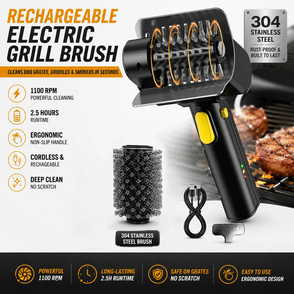 Rechargeable electric BBQ grill cleaning brush with stainless steel bristles