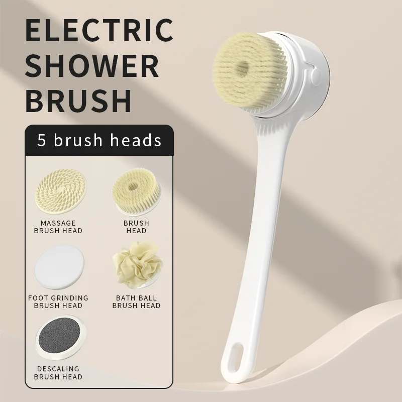 White electric bath brush shown fully waterproof and ready for shower or bath use