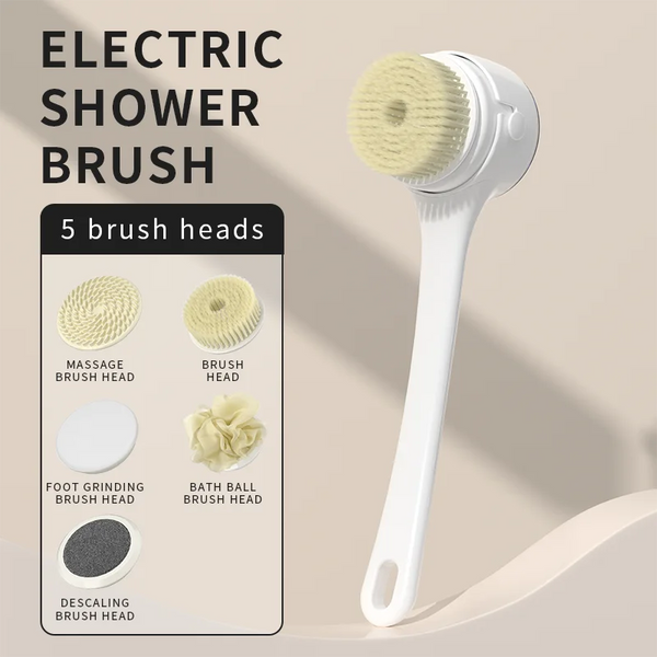 White electric bath brush shown fully waterproof and ready for shower or bath use